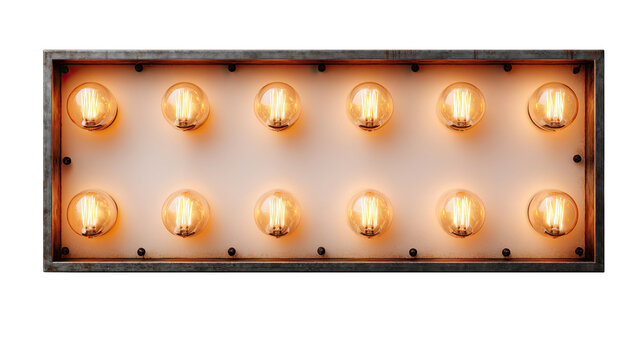 Vintage marquee light box with glowing filament bulbs rectangular frame retro illuminated signage isolated on white background