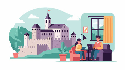 Fototapeta premium A digital illustration of a couple working on laptops in a living room with a castle backdrop