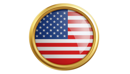 A glossy, patriotic united states flag button with a luxurious gold frame is rendered in 3d and isolated on white.