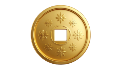 A bright golden feng shui coin, detailed with star patterns, is cleanly rendered in 3d isolation on a white background.