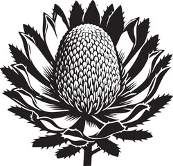 Black and White Botanical Flower Illustration with Detailed Petals for Nature and Decorative Design