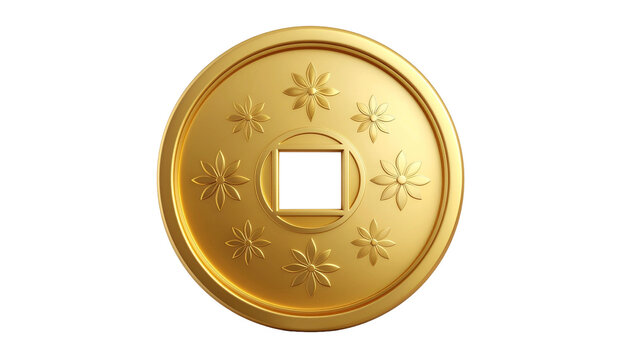 A bright golden feng shui coin, detailed with star patterns, is cleanly rendered in 3d isolation on a white background.