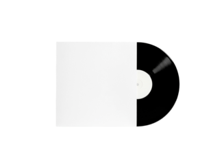 Minimalist, monochrome studio shot of a black vinyl lp partially inserted into a blank white paper sleeve, isolated on white.