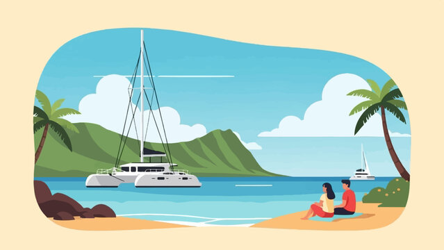 A couple relaxes on a tropical beach with a catamaran and sailboats in the turquoise bay