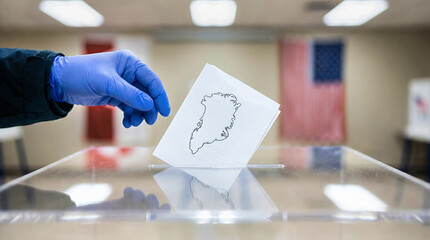 Gloved hand casting a ballot with Greenland map into a voting box. Referendum on sovereignty and security with American flag background. Geopolitics concept