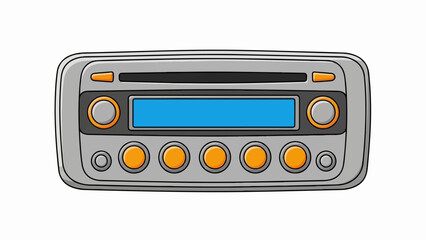 Fototapeta premium A cartoon car radio with a blue screen and orange buttons is depicted