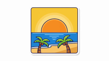 Naklejka premium A cartoon beach scene with a bright sun, blue ocean, sandy shore, and two palm trees
