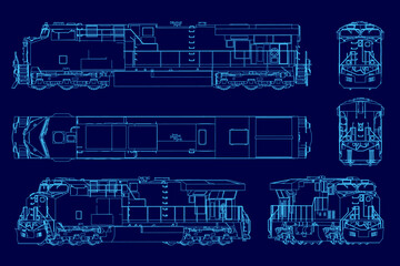 Detailed blueprint of a diesel locomotive on a blue background, featuring technical drawings of the engine, caboose, and mechanical components in a clean contour set. © German Ovchinnikov