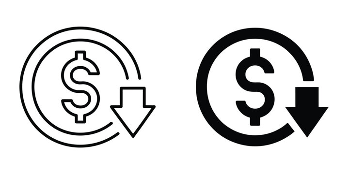 Cost reduction icon vector, featuring dollar decrease sign, profit decline symbol, and cost saving illustration on transparent background