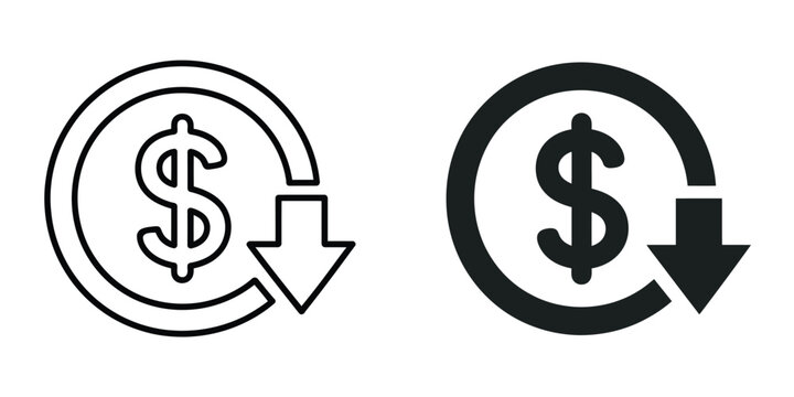 Cost reduction icon vector, showcasing financial decrease symbols with falling dollar sign, profit reduction concept, and clean vector style.