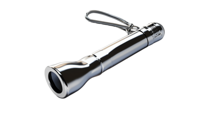 A sleek silver flashlight with a wrist strap against a black background