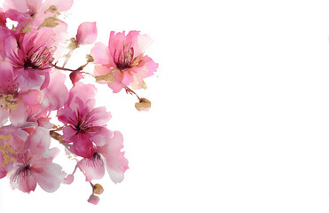 Flowers in shades of pink with golden accents on a white background during springtime in a garden setting