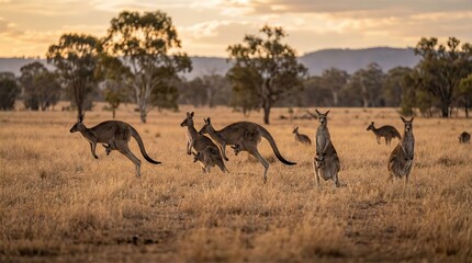 Kangaroos Australian Field, Golden Outback Sunset