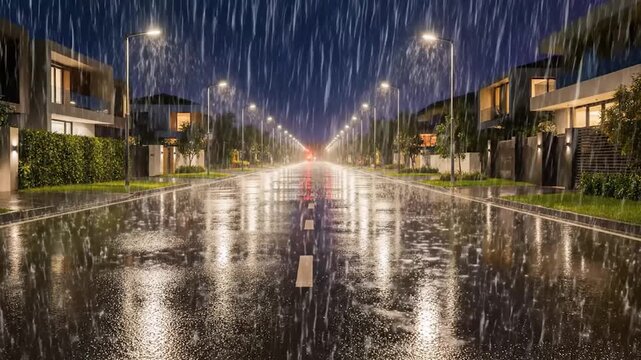 Rainy Night Street - Reflections and Serenity in Urban Landscape.
