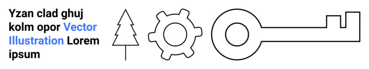 Fototapeta premium Nature, technology, security, mechanical systems, environmental engineering, conceptual designs. Black line art of a tree, gear and key in a row. Nature and technology
