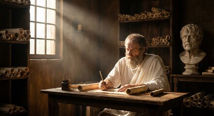 Naklejka na ściany i meble Atmospheric photorealistic Ancient Roman philosopher writing on a scroll in a sunlit study