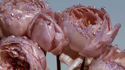 Close-up view of pink flowers with droplets of water on petals in a simple display setting