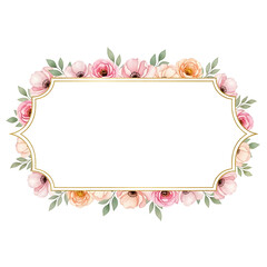 Elegant watercolor floral frame with golden border for wedding invitations and romantic designs isolated on transparent background