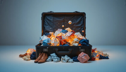 Open suitcase filled with glowing geometric shapes best for travel inspiration, creative ideas, and opportunity concepts