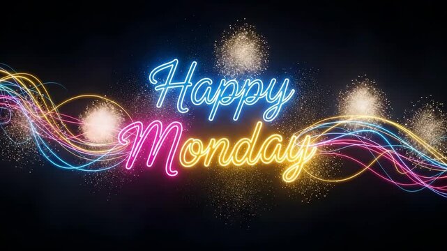 Neon Happy Monday Text Glows with Dynamic Light Trails in Cosmic Scene