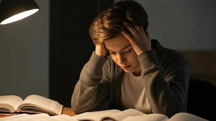 Young student experiencing study fatigue while preparing for exams at night
