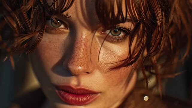 Intense portrait of a woman with radiant freckled skin and short curly hair