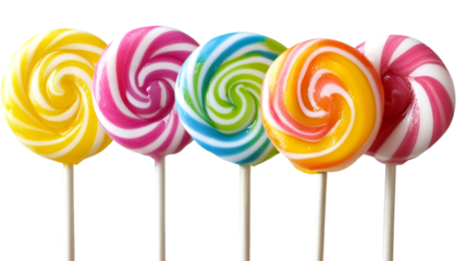 A colorful array of swirly lollipops on sticks against a black background