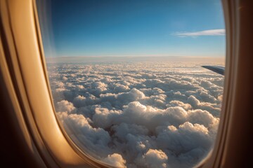 View from an airplane window: clouds, sky, and wing in warm light