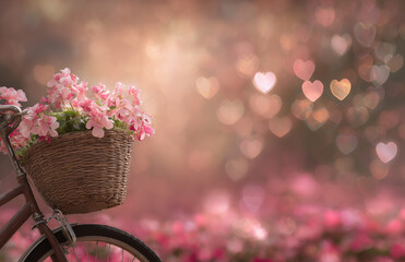 Bicycle with basket of flowers in a garden filled with heart-shaped lights during spring time