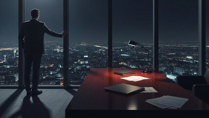 Business executive standing alone in office at night looking at city skyline through window, concept of economic uncertainty, leadership pressure and difficult financial decisions, realistic corporate