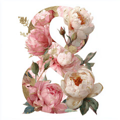 Number eight decorated with pink flowers and leaves on a white background for celebration or event