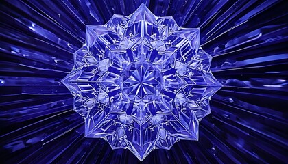 Abstract, geometric, blue, crystalline structure radiating outward with multiple facets and sharp angles, central focus