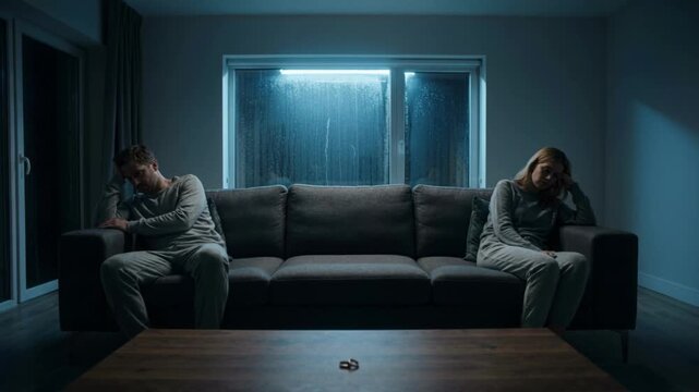 A sad couple sits far apart on a sofa after a conflict at night. Man and woman experiencing relationship problems and emotional distance. Divorce and separation concept with wedding rings on the table