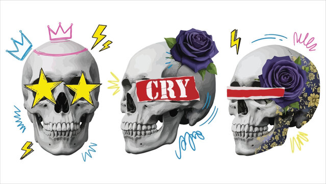 Grunge Halftone Skull Set &ndash; Doodle & Pop Art Skeletons in Y2K Punk Collage Style..