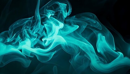 Abstract image of swirling, ethereal teal smoke against a black backdrop, creating a mystical, flowing effect