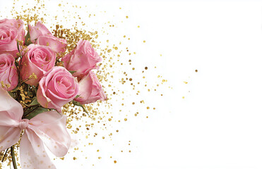 Roses in a bouquet with golden sparkles on a white background for a special occasion or celebration