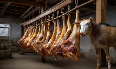 Butcher shop display Inside a rustic butcher shop, a collection of hanging meats is displayed. The scene captures the essence of tradition and the skill of meat processing. 