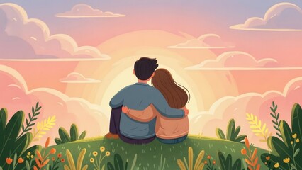 Soft Flat Illustration of a Young Couple Sitting Closely on Grassy Hill at Sunset, Warm Romantic Color Palette, Hand-Painted Foliage