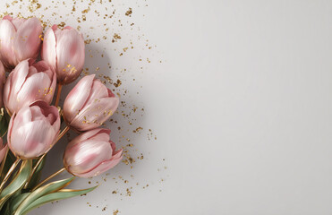 Pink tulips arranged on a light background with gold confetti scattered around during a spring event celebration