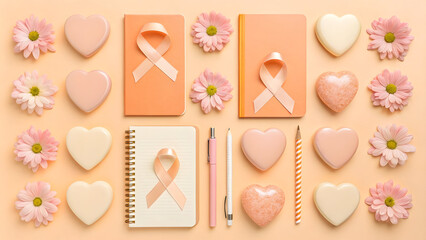 Cancer Awareness Stationery Flat Lay with Peach Ribbon