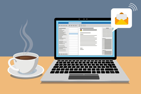 Laptop with an open email application, a message alert  and a cup with coffe. Simplified flat style. Vector Illustration