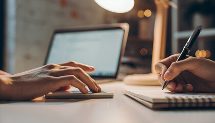 Mentoring session showing hands analyze data write notes at desk during learning under lamp