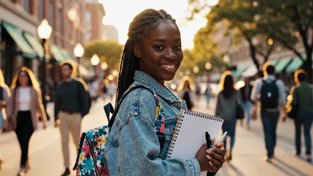 young african american student walking on city street at sunset. female holding notebook and pen, wearing backpack. education and college, university  lifestyle. 