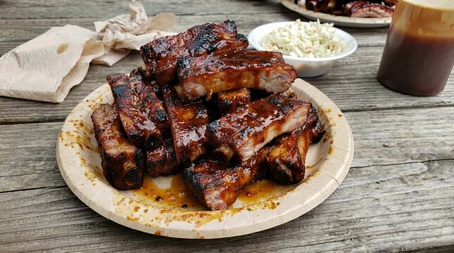 Juicy bbq ribs platter served with coleslaw on a picnic table outdoor dining ribs food ribs, barbecue, meal.