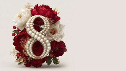 Floral arrangement with a number eight design made of pearls and flowers in red and white tones