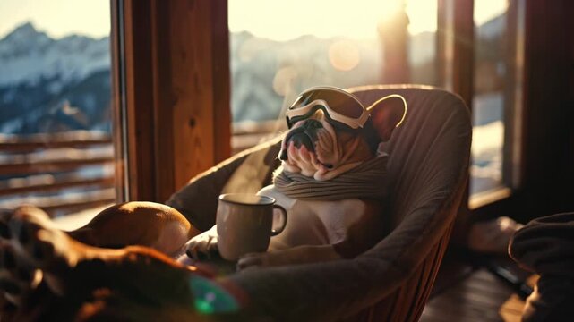 4K HD cinematic video bulldog relaxing cozy mountain lodge after skiing, wearing mini scarf ski goggles forehead, sitting small lounge chair, sipping steaming dog-friendly hot cocoa mug, warm