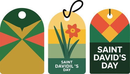 Saint David's Day Gift Tag Illustration with Daffodil Flower & Design for Welsh Holiday