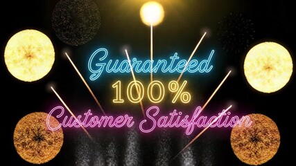 Neon Guarantee Text Explodes with Sparkling Fireworks for Customer Satisfaction
