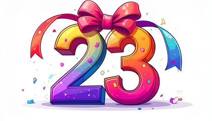 Number 23 wrapped with a festive ribbon on a white background. Image for birthday or anniversary party