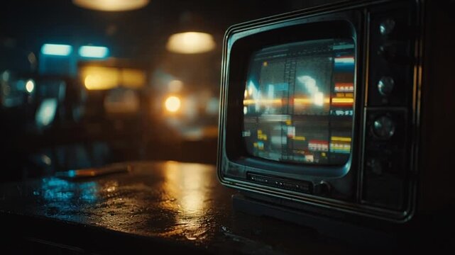 Retro television amidst a contemporary urban landscape, blurring time and technology